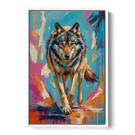 Colorful Wolf Painting Trotting Forward - White Framed Canvas Wall Art - Front