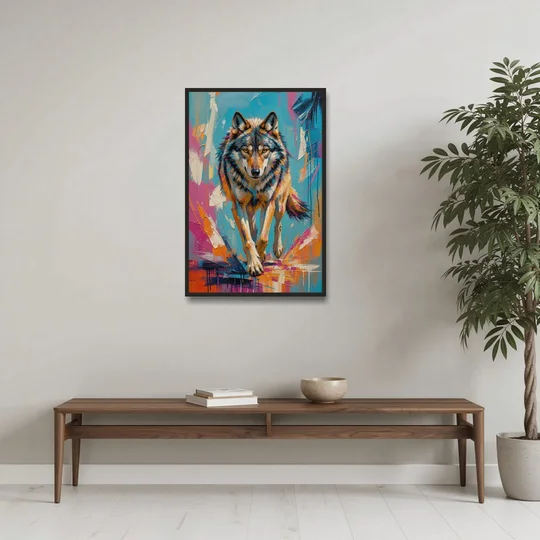 Colorful Wolf Painting Trotting Forward - Black Framed Canvas Wall Art - Coffee Table - 24x36