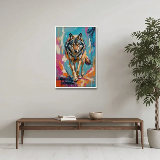 Colorful Wolf Painting Trotting Forward - White Framed Canvas Wall Art - Coffee Table - 24x36