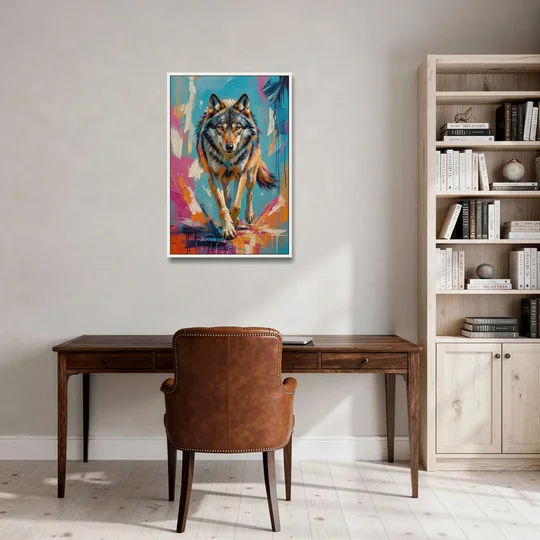 Colorful Wolf Painting Trotting Forward - White Framed Canvas Wall Art - Office - 24x36