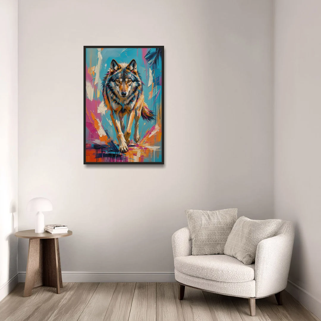 Colorful Wolf Painting Trotting Forward - Black Framed Canvas Wall Art - Sofa - 24x36