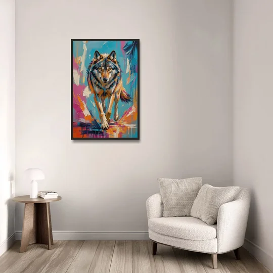 Colorful Wolf Painting Trotting Forward - Black Framed Canvas Wall Art - Sofa - 24x36