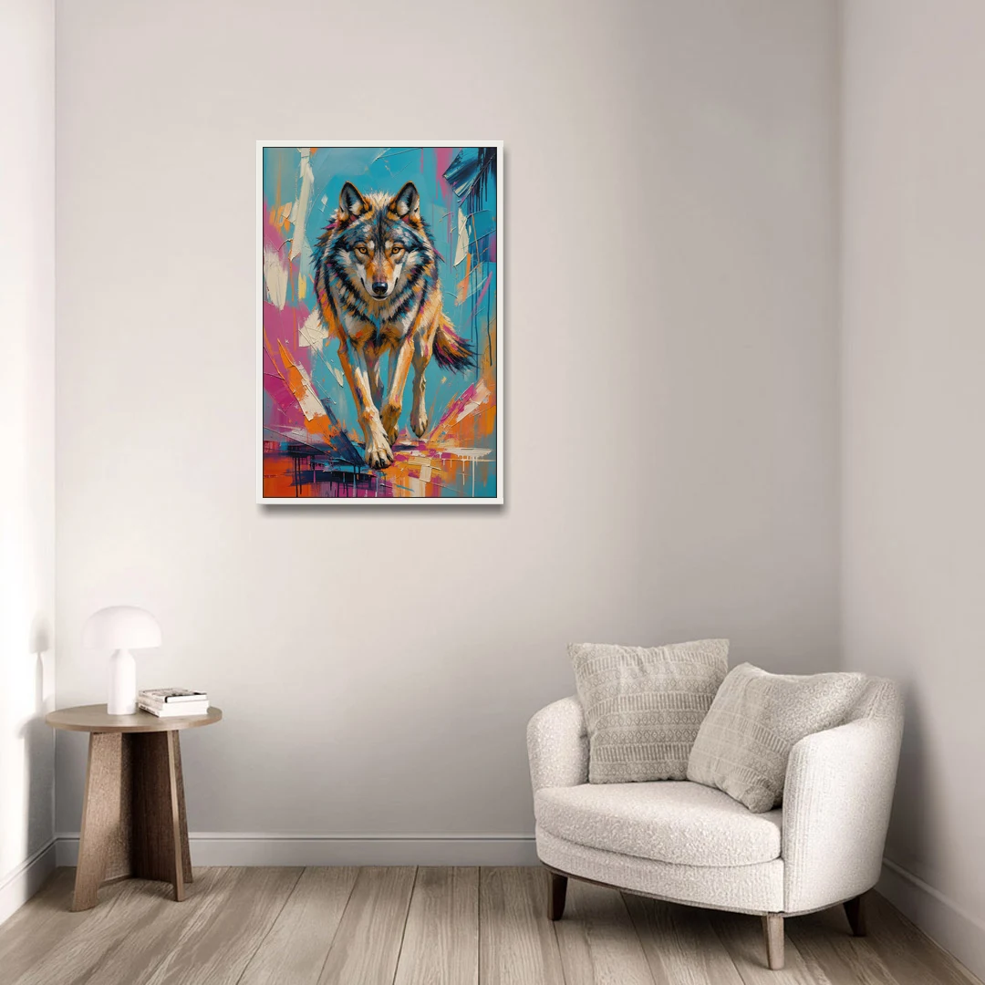 Colorful Wolf Painting Trotting Forward - White Framed Canvas Wall Art - Sofa - 24x36