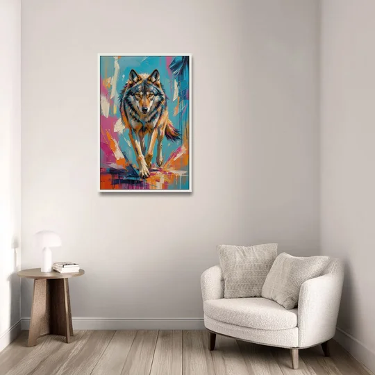 Colorful Wolf Painting Trotting Forward - White Framed Canvas Wall Art - Sofa - 24x36