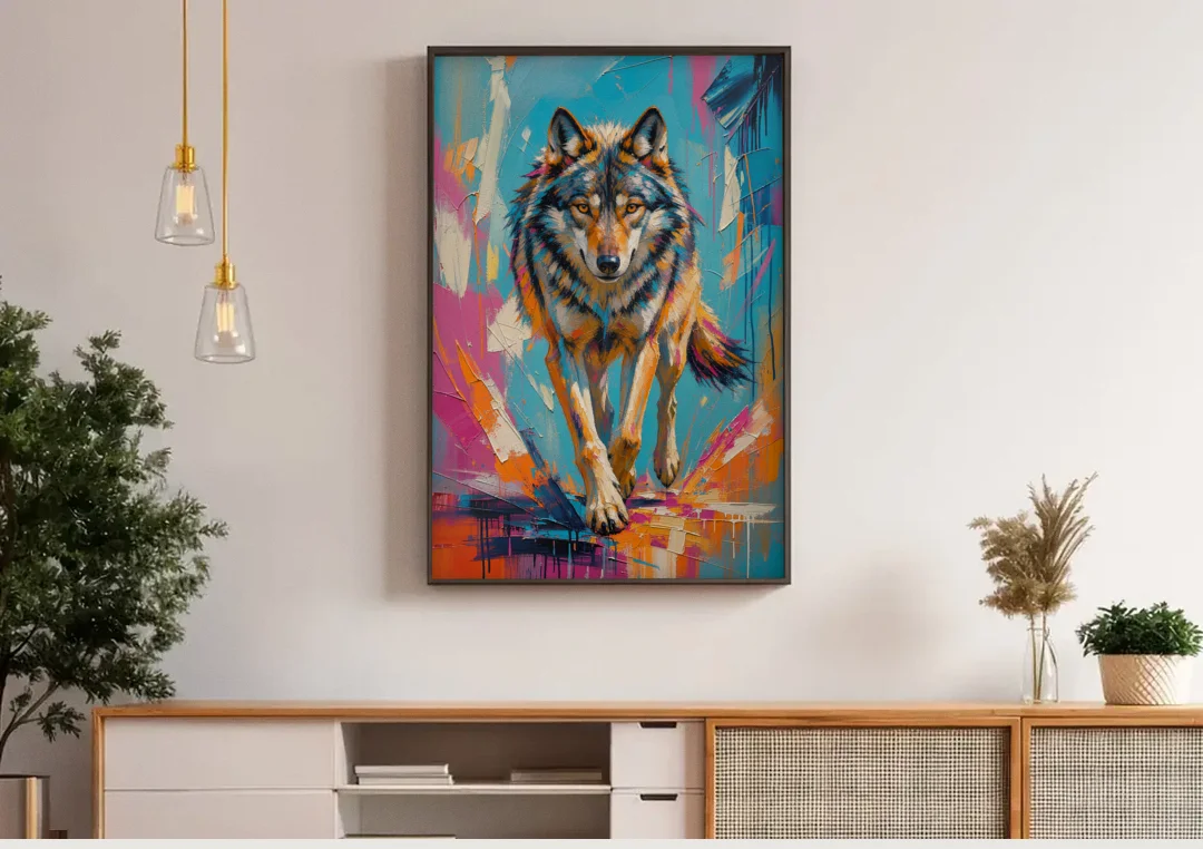 Colorful Wolf Painting Trotting Forward canvas wall art above a wooden sideboard under pendant lights