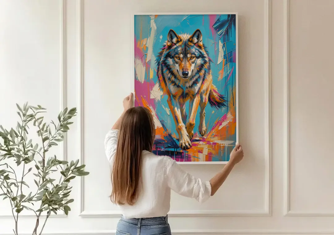 Colorful Wolf Painting Trotting Forward canvas wall art being hung on a paneled wall
