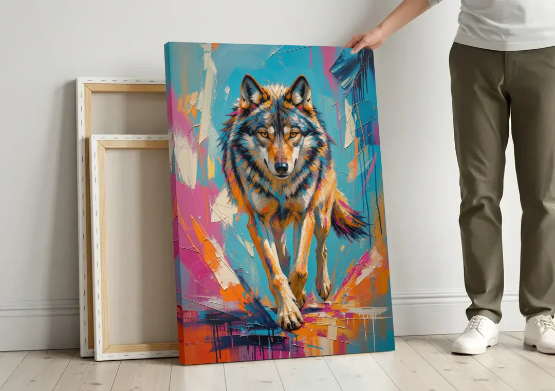 Colorful Wolf Painting Trotting Forward canvas wall art leaning against a wall next to blank canvases