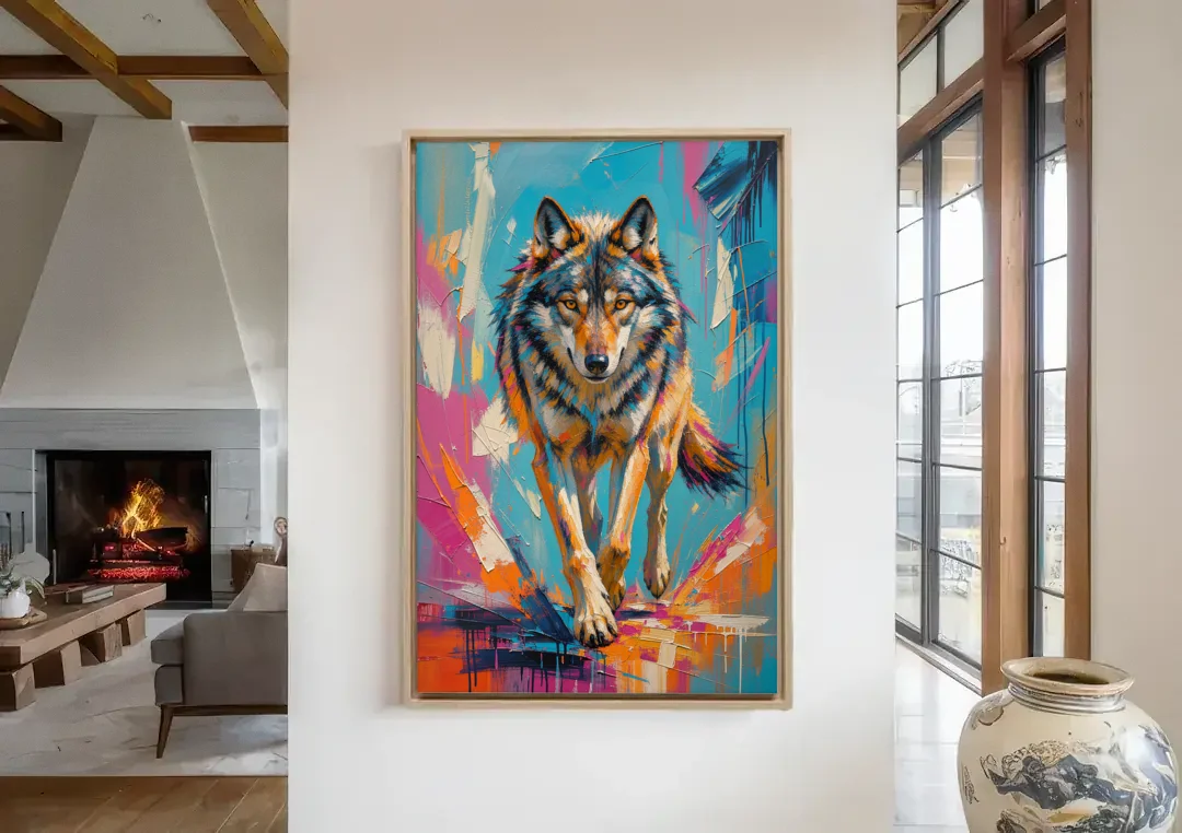 Colorful Wolf Painting Trotting Forward canvas wall art in a living room with a fireplace