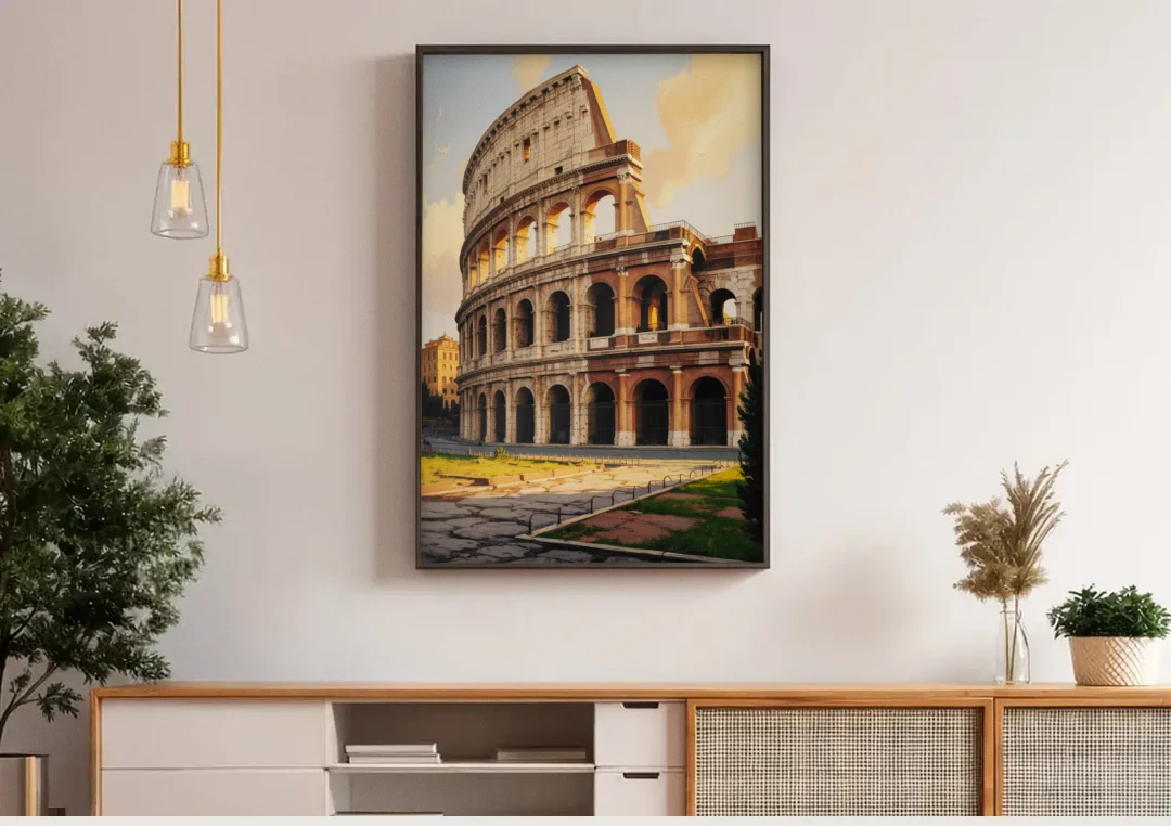 Colosseum Majesty canvas wall art above a wooden sideboard under pendant lights