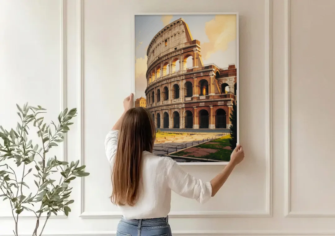 Colosseum Majesty canvas wall art being hung on a paneled wall