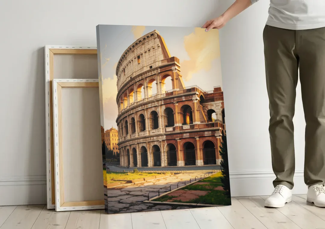 Colosseum Majesty canvas wall art leaning against a wall next to blank canvases