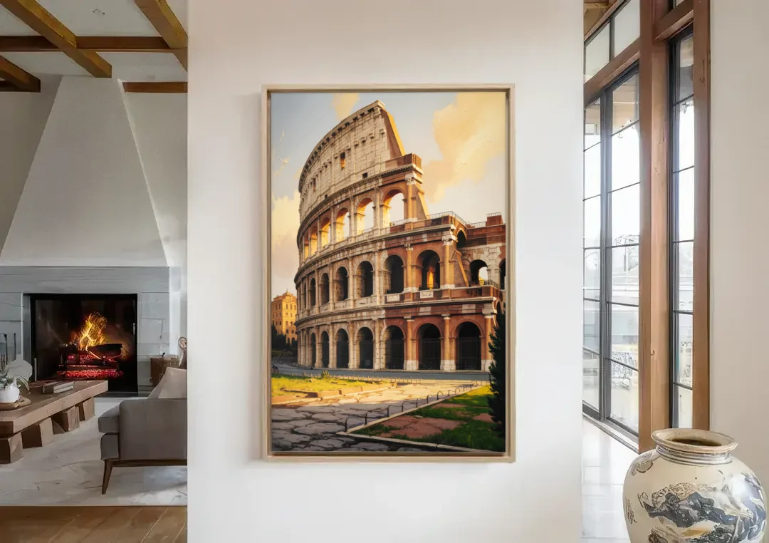 Colosseum Majesty canvas wall art in a living room with a fireplace
