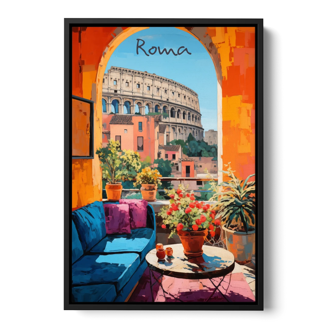 Colosseum Painting Through a Roman Arch - Black Framed Canvas Wall Art - Front