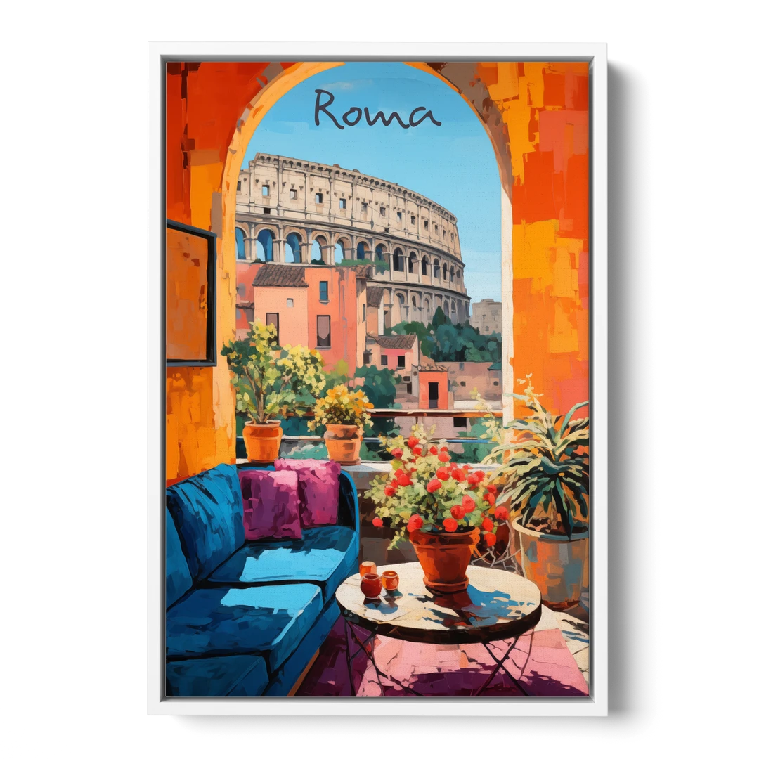 Colosseum Painting Through a Roman Arch - White Framed Canvas Wall Art - Front