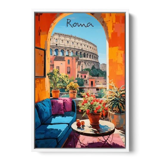 Colosseum Painting Through a Roman Arch - White Framed Canvas Wall Art - Front