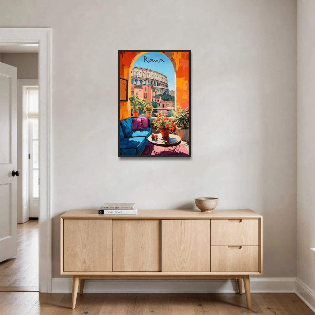 Colosseum Painting Through a Roman Arch - Black Framed Canvas Wall Art - Coffee Table - 24x36