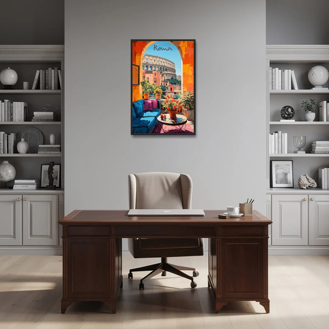 Colosseum Painting Through a Roman Arch - Black Framed Canvas Wall Art - Office - 24x36