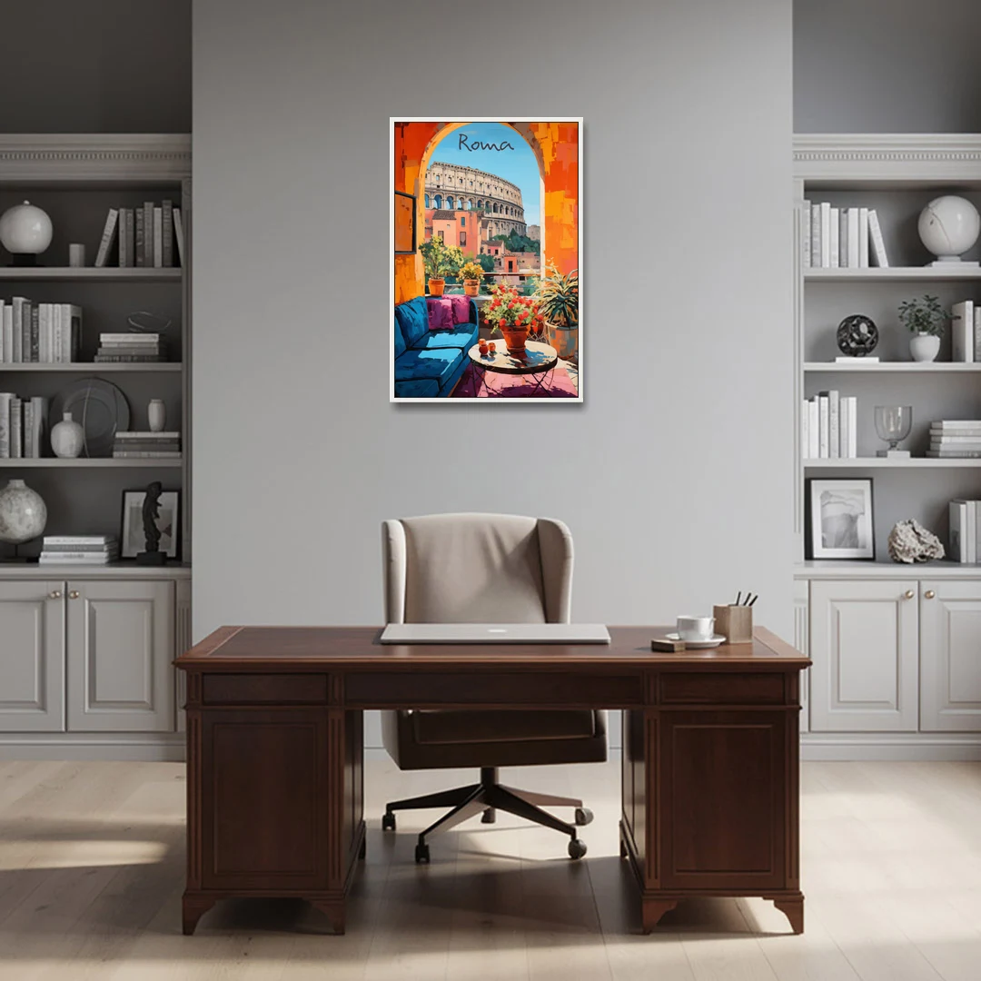 Colosseum Painting Through a Roman Arch - White Framed Canvas Wall Art - Office - 24x36
