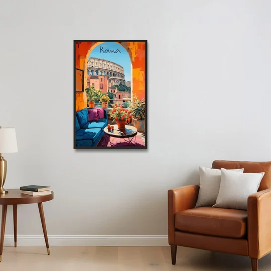 Colosseum Painting Through a Roman Arch - Black Framed Canvas Wall Art - Sofa - 24x36