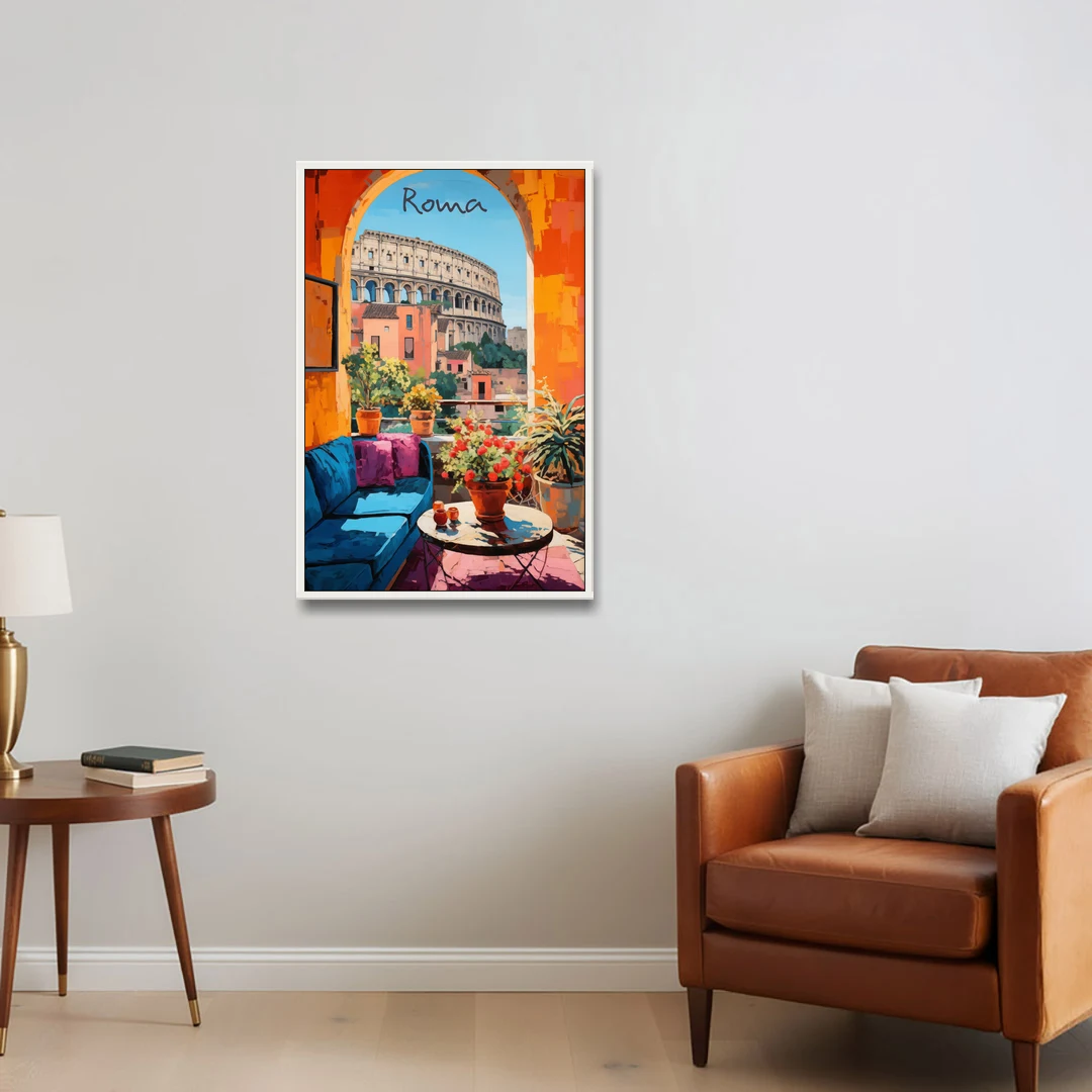 Colosseum Painting Through a Roman Arch - White Framed Canvas Wall Art - Sofa - 24x36