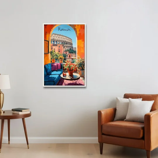 Colosseum Painting Through a Roman Arch - White Framed Canvas Wall Art - Sofa - 24x36