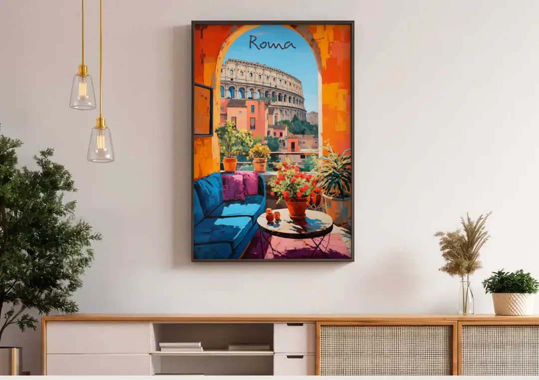 Colosseum Painting Through a Roman Arch canvas wall art above a wooden sideboard under pendant lights