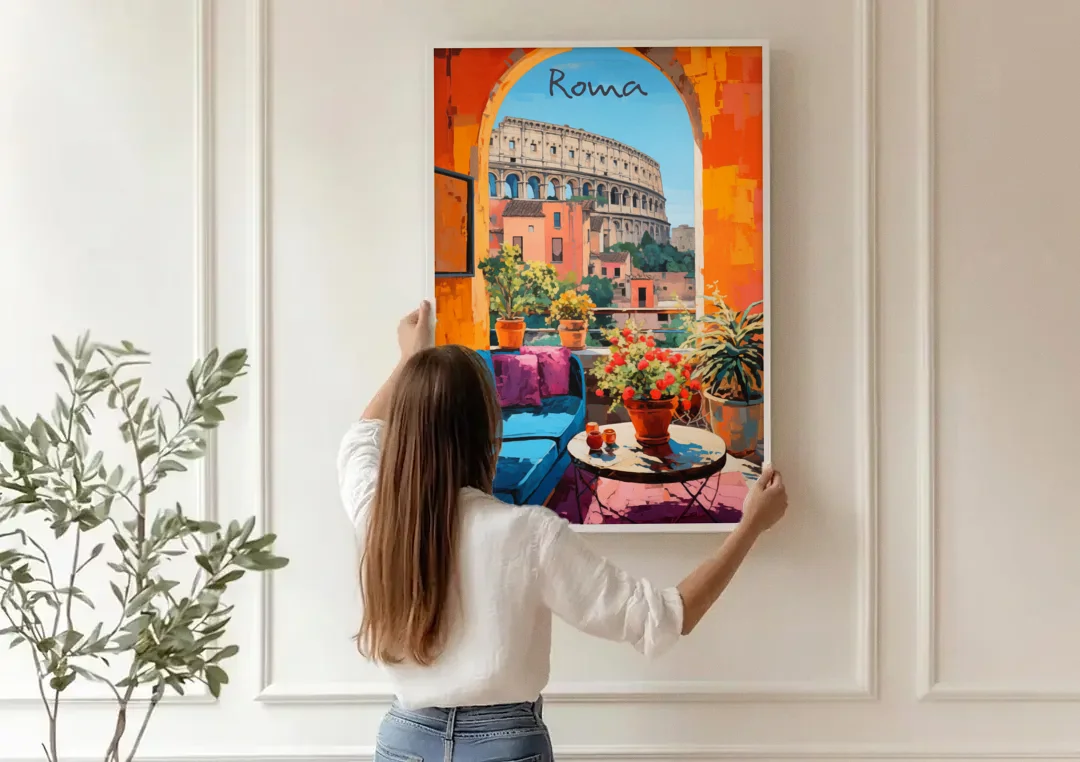 Colosseum Painting Through a Roman Arch canvas wall art being hung on a paneled wall