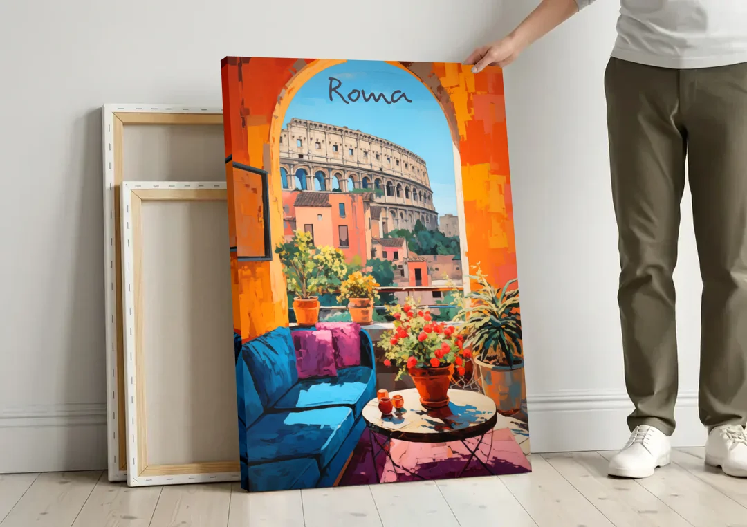 Colosseum Painting Through a Roman Arch canvas wall art leaning against a wall next to blank canvases
