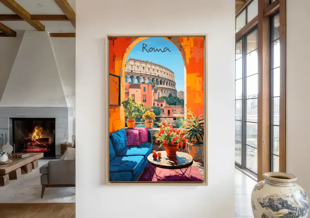 Colosseum Painting Through a Roman Arch canvas wall art in a living room with a fireplace