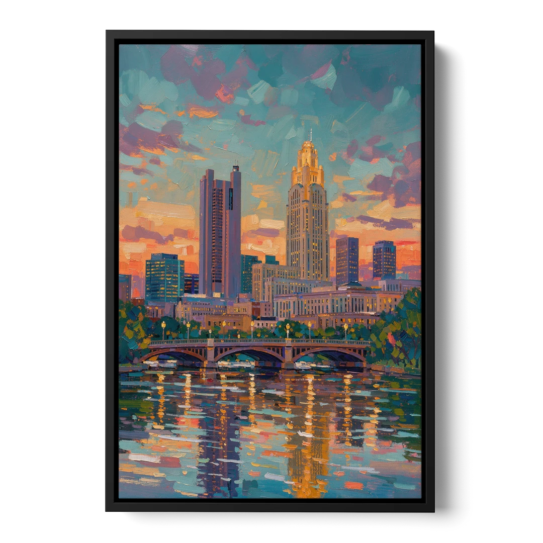 Columbus Cityscape Reflection - Black Framed Canvas Wall Art - Front