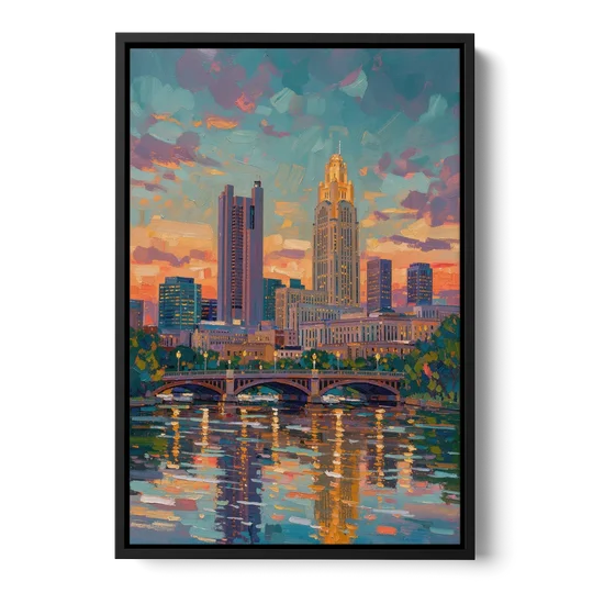 Columbus Cityscape Reflection - Black Framed Canvas Wall Art - Front