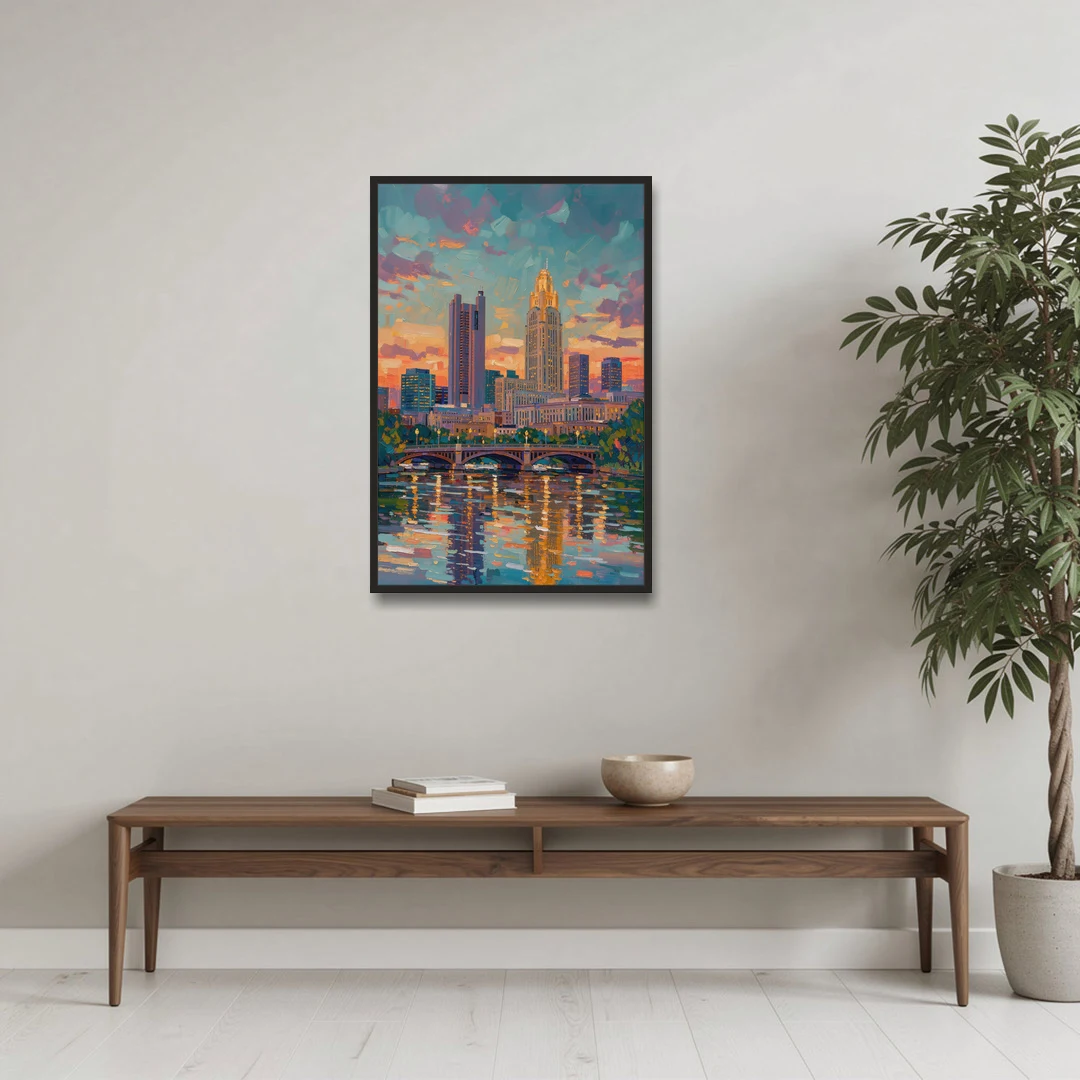 Columbus Cityscape Reflection - Black Framed Canvas Wall Art - Coffee Table - 24x36
