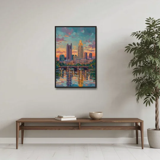 Columbus Cityscape Reflection - Black Framed Canvas Wall Art - Coffee Table - 24x36