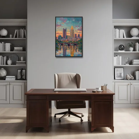 Columbus Cityscape Reflection - Black Framed Canvas Wall Art - Office - 24x36
