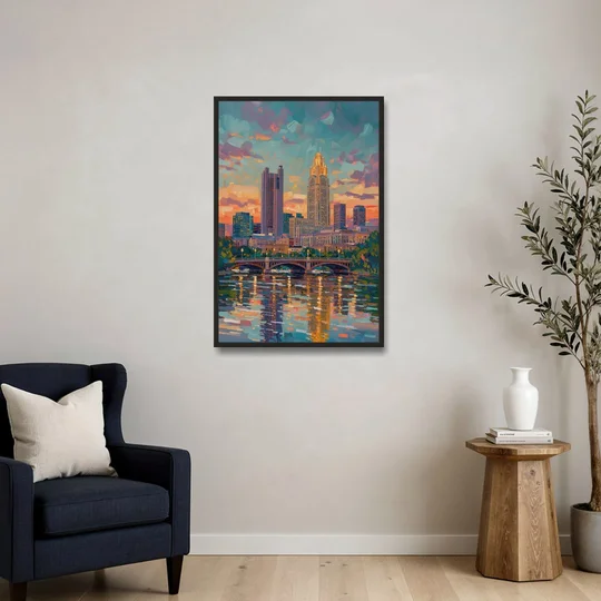 Columbus Cityscape Reflection - Black Framed Canvas Wall Art - Sofa - 24x36
