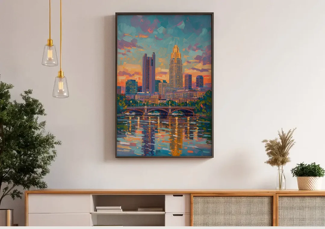 Columbus Cityscape Reflection canvas wall art above a wooden sideboard under pendant lights