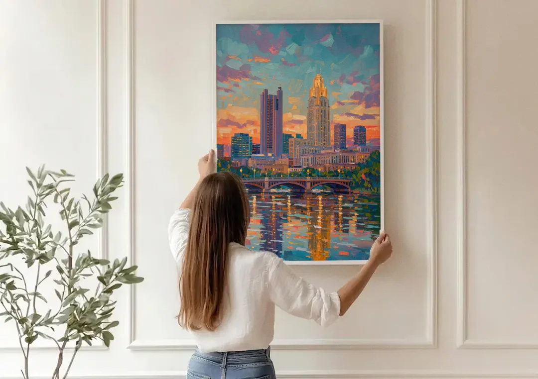 Columbus Cityscape Reflection canvas wall art being hung on a paneled wall