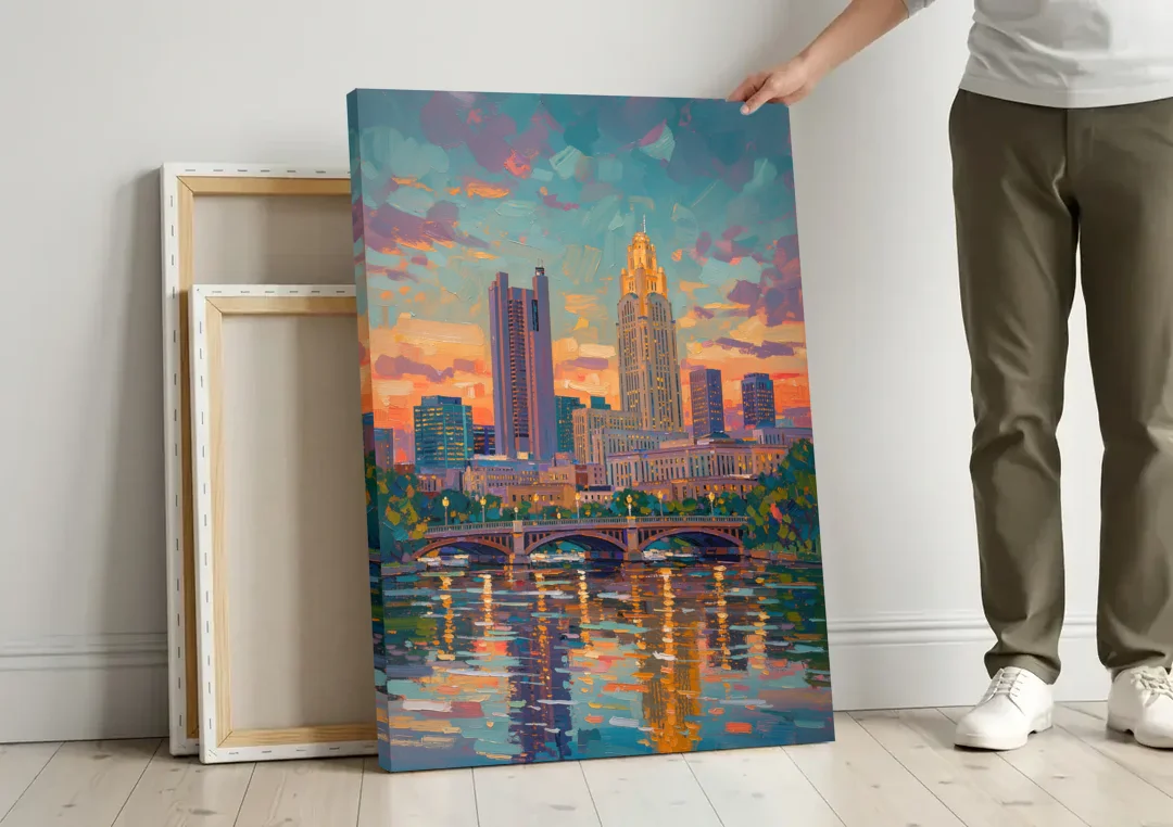 Columbus Cityscape Reflection canvas wall art leaning against a wall next to blank canvases
