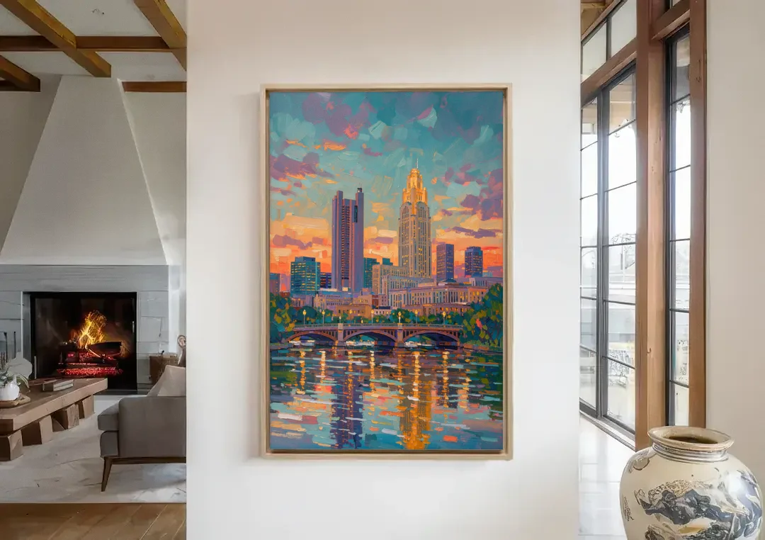 Columbus Cityscape Reflection canvas wall art in a living room with a fireplace