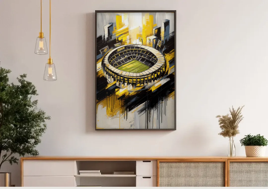 Columbus Crew FC Legacy canvas wall art above a wooden sideboard under pendant lights