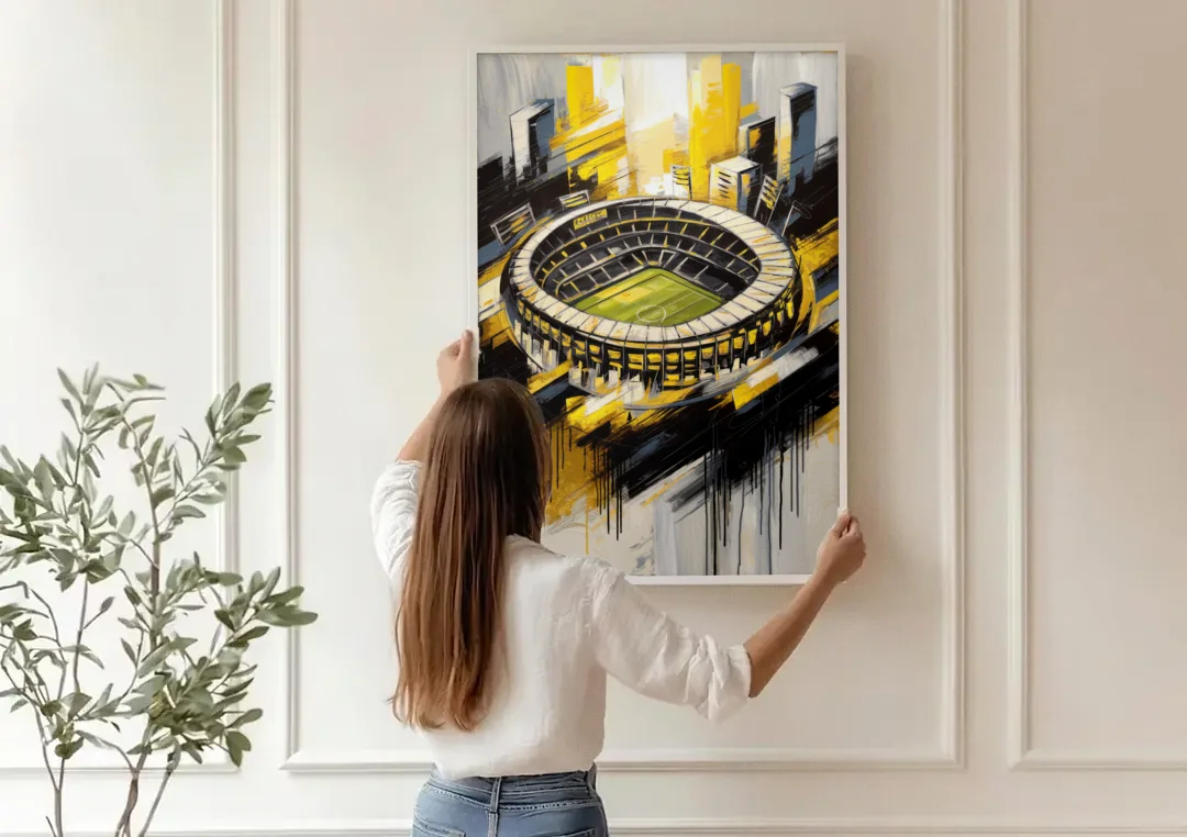 Columbus Crew FC Legacy canvas wall art being hung on a paneled wall