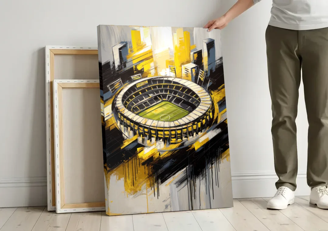 Columbus Crew FC Legacy canvas wall art leaning against a wall next to blank canvases