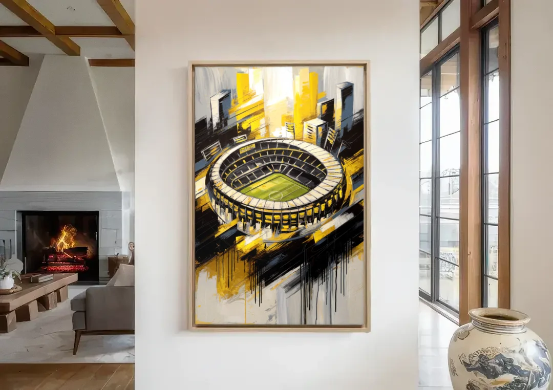 Columbus Crew FC Legacy canvas wall art in a living room with a fireplace