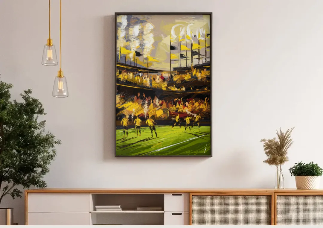 Columbus Crew Soccer Spirit canvas wall art above a wooden sideboard under pendant lights