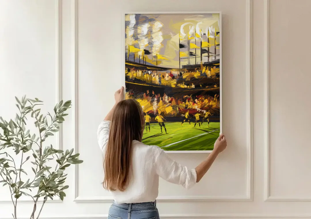 Columbus Crew Soccer Spirit canvas wall art being hung on a paneled wall
