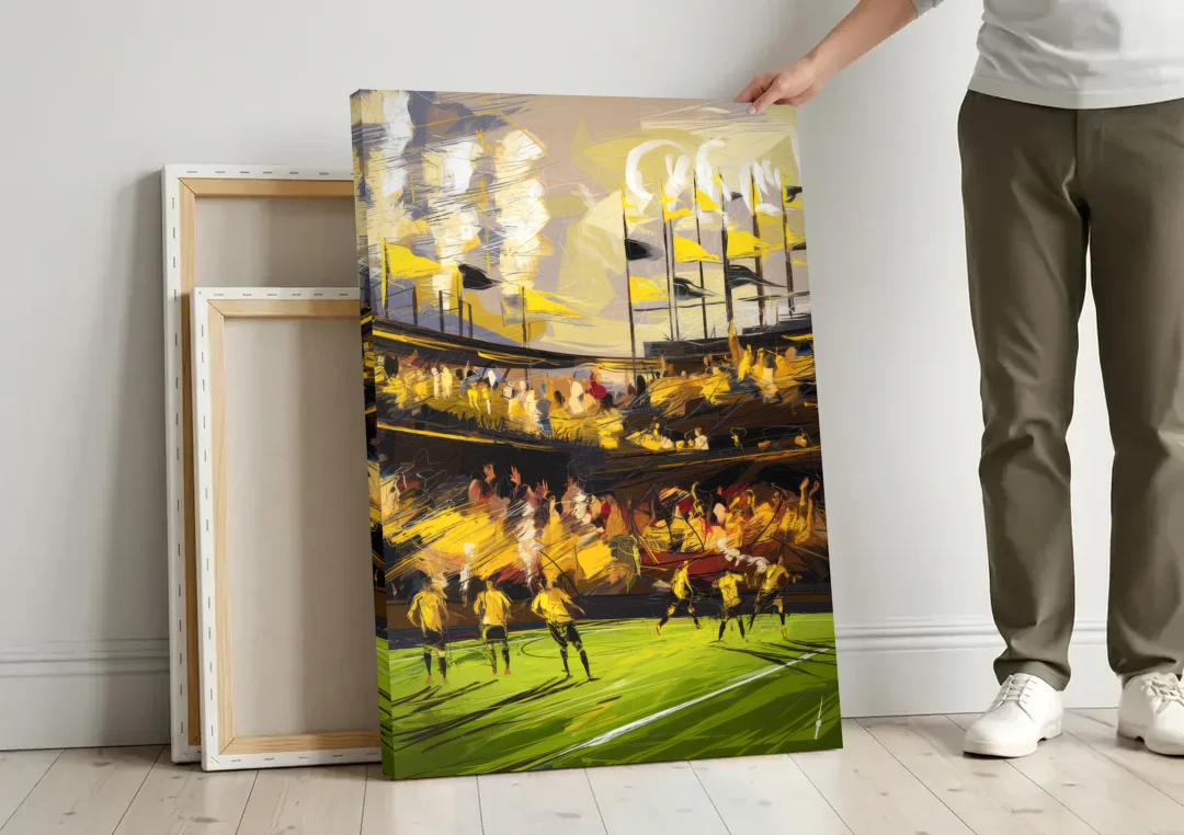 Columbus Crew Soccer Spirit canvas wall art leaning against a wall next to blank canvases