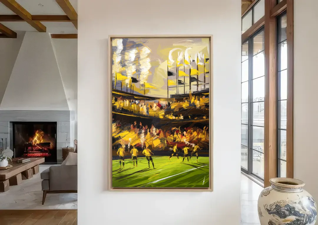 Columbus Crew Soccer Spirit canvas wall art in a living room with a fireplace
