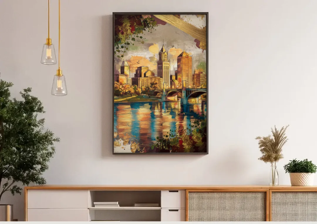 Columbus Historic Landmarks canvas wall art above a wooden sideboard under pendant lights