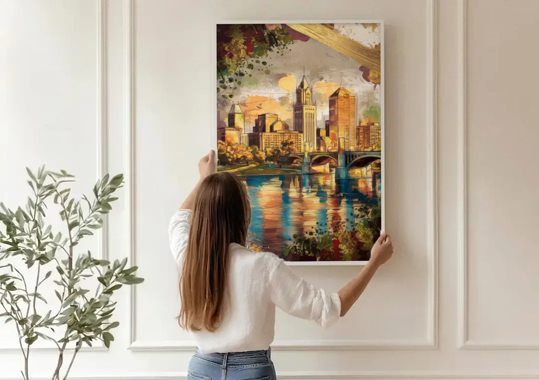 Columbus Historic Landmarks canvas wall art being hung on a paneled wall