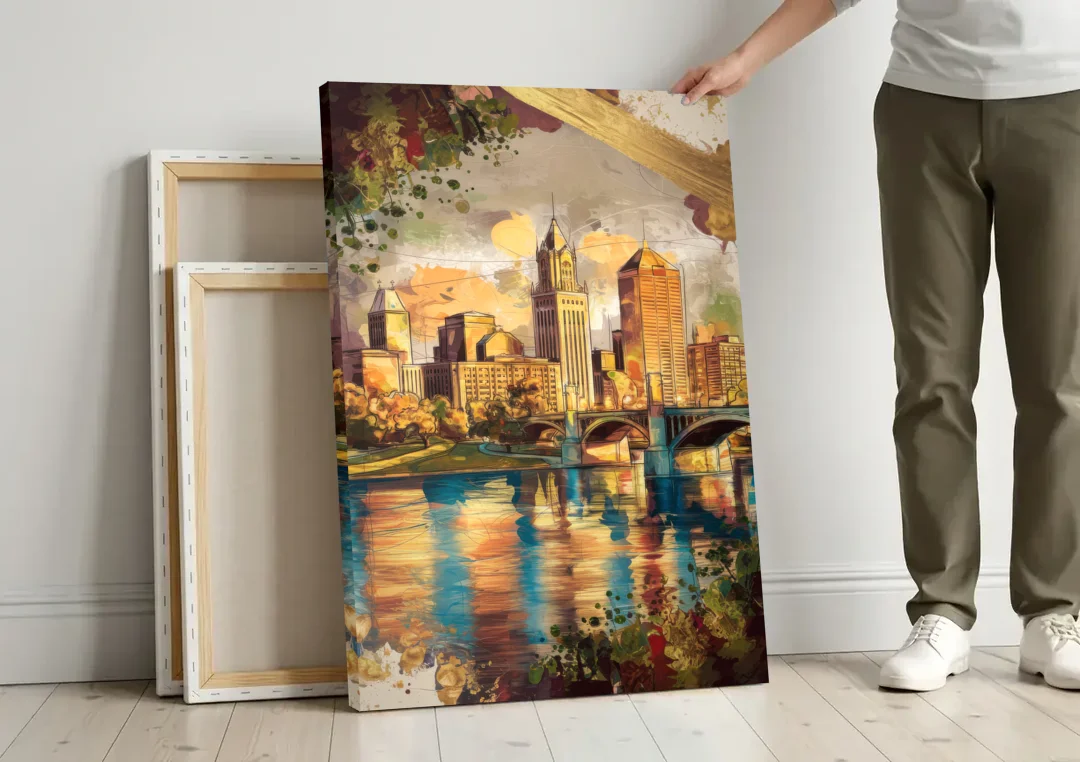 Columbus Historic Landmarks canvas wall art leaning against a wall next to blank canvases